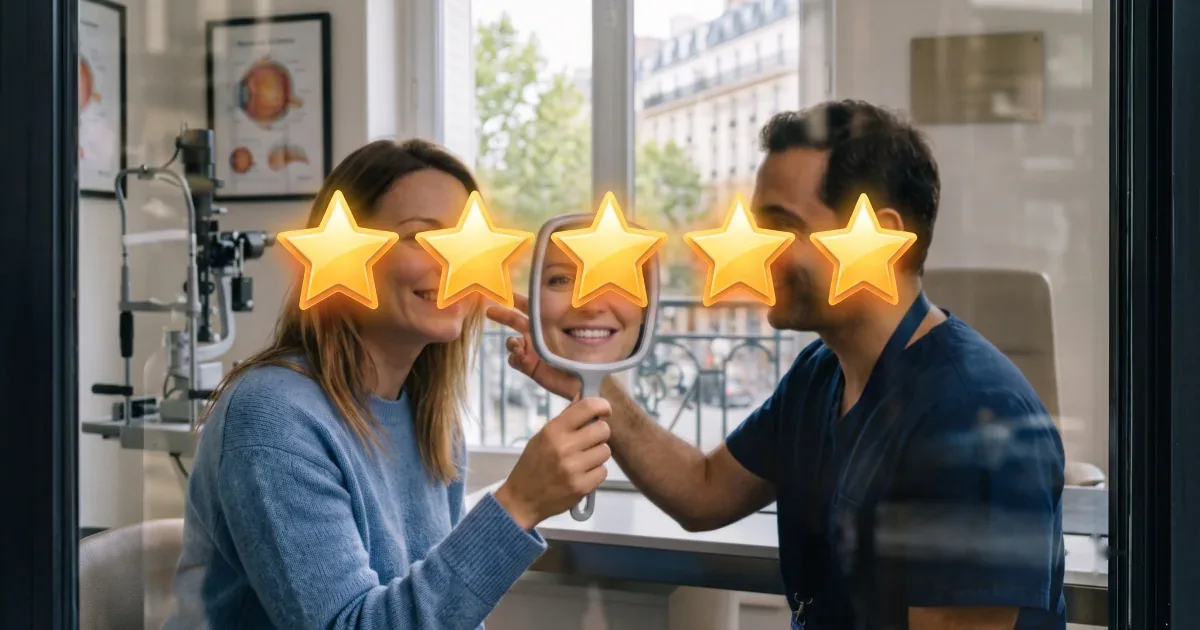 Ilustración: paciente mirándose en un espejo durante la consulta, con cinco estrellas de valoración