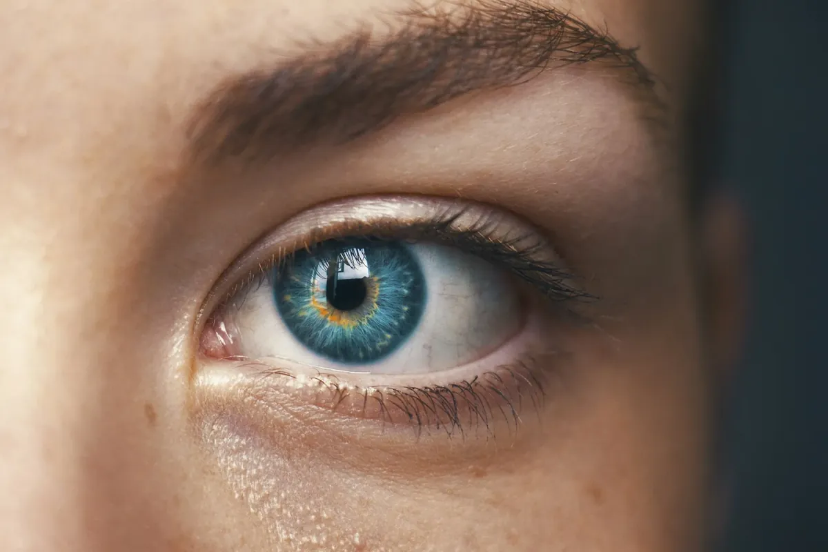 Close de um olho azul-esverdeado, ilustrando as soluções para mudar a cor dos olhos