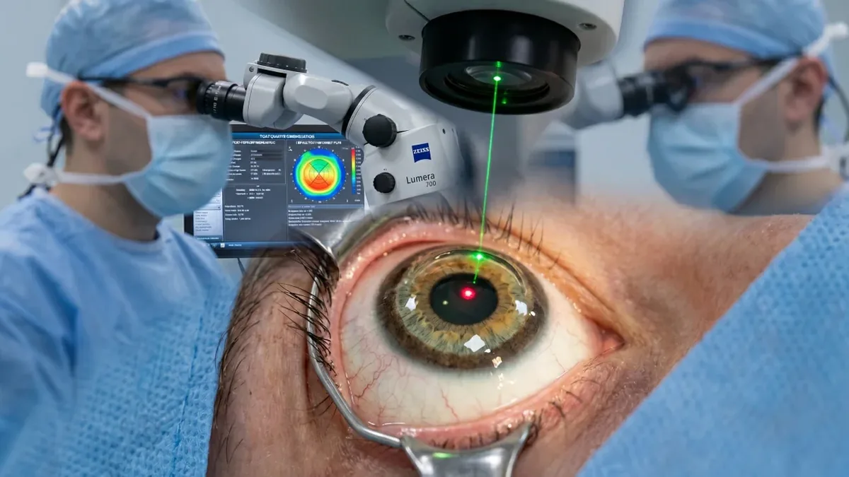 Illustration: two surgeons and a laser above a close-up eye held open by a speculum
