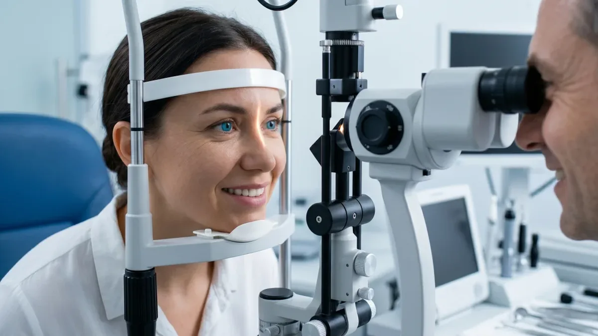 Patiente installée à la lampe à fente pendant un examen de contrôle des yeux