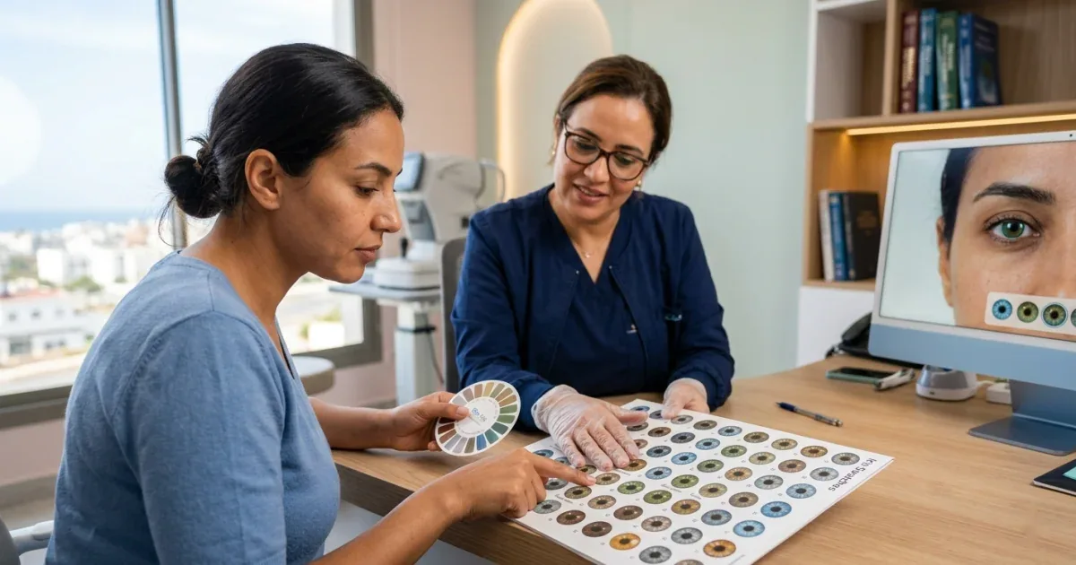 Paciente e oftalmologista comparando uma cartela de tons de íris durante a consulta