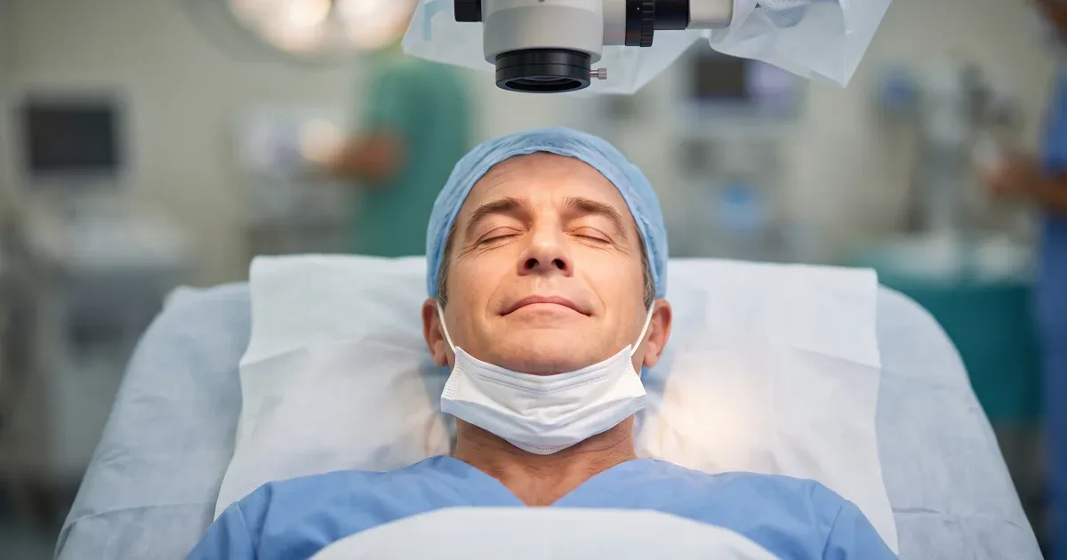 Paciente relaxado, deitado de olhos fechados sob o microscópio cirúrgico