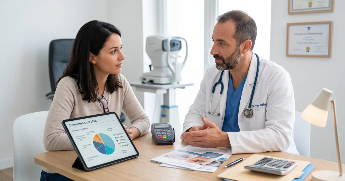 Patiente et médecin à un bureau consultant un graphique sur tablette, évoquant le coût de l'intervention