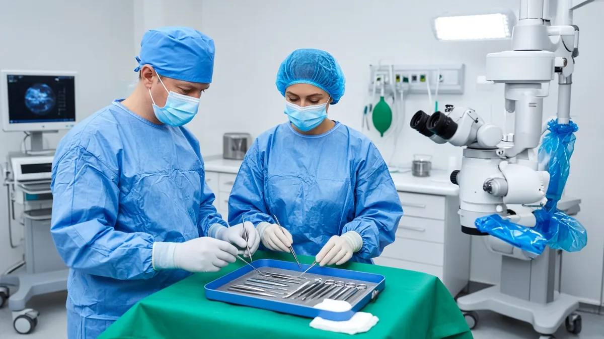 Chirurgien et infirmière de bloc vérifiant un plateau d'instruments stériles près d'un microscope opératoire