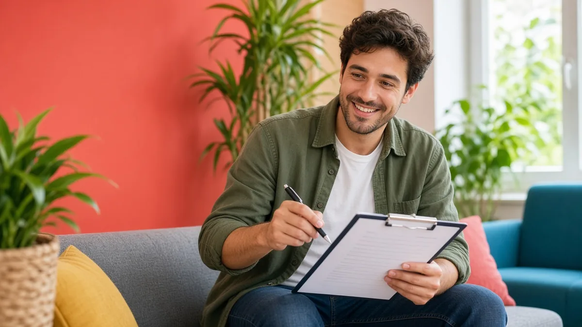 Giovane uomo sorridente che compila un questionario medico in una sala d'attesa colorata