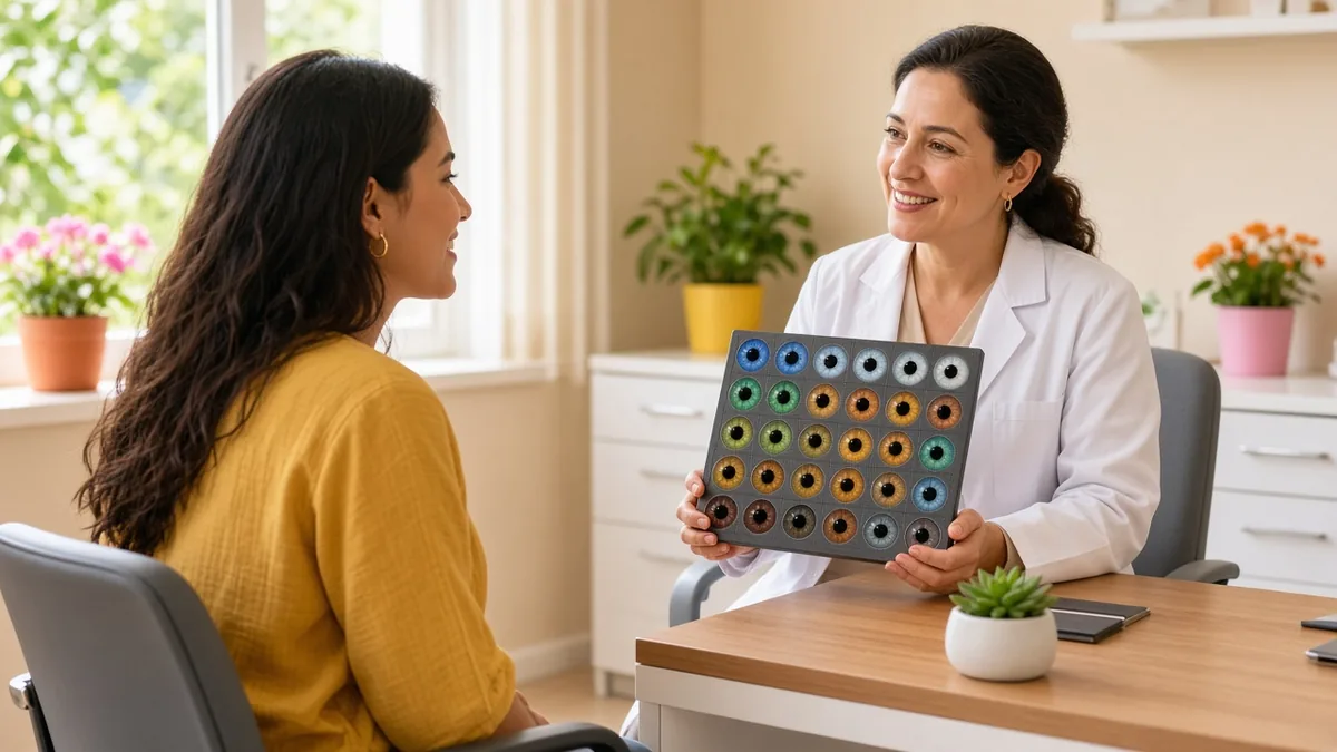 Patiente en consultation d'ophtalmologie découvrant un nuancier de couleurs d'iris présenté par une ophtalmologiste