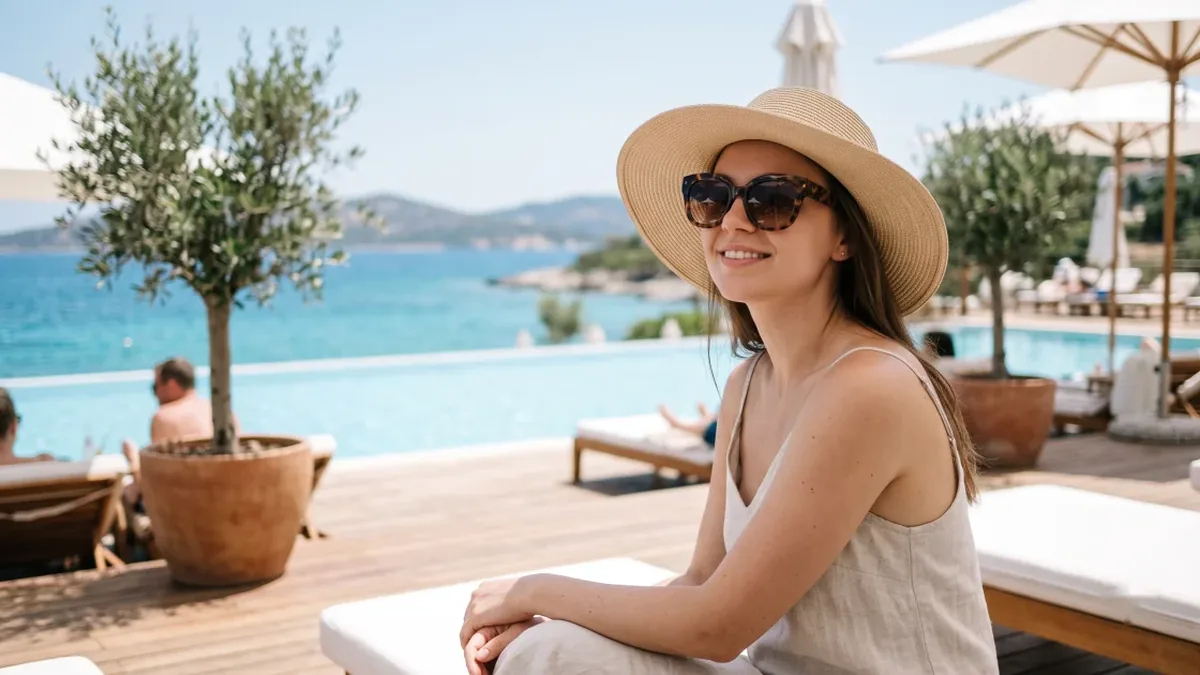 Frau mit Hut und Sonnenbrille auf einer sonnigen Terrasse am Meer