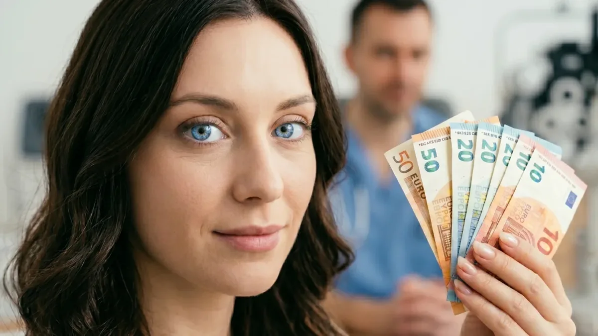 Ilustração: mulher de olhos azuis segurando notas de euro, evocando o custo do procedimento