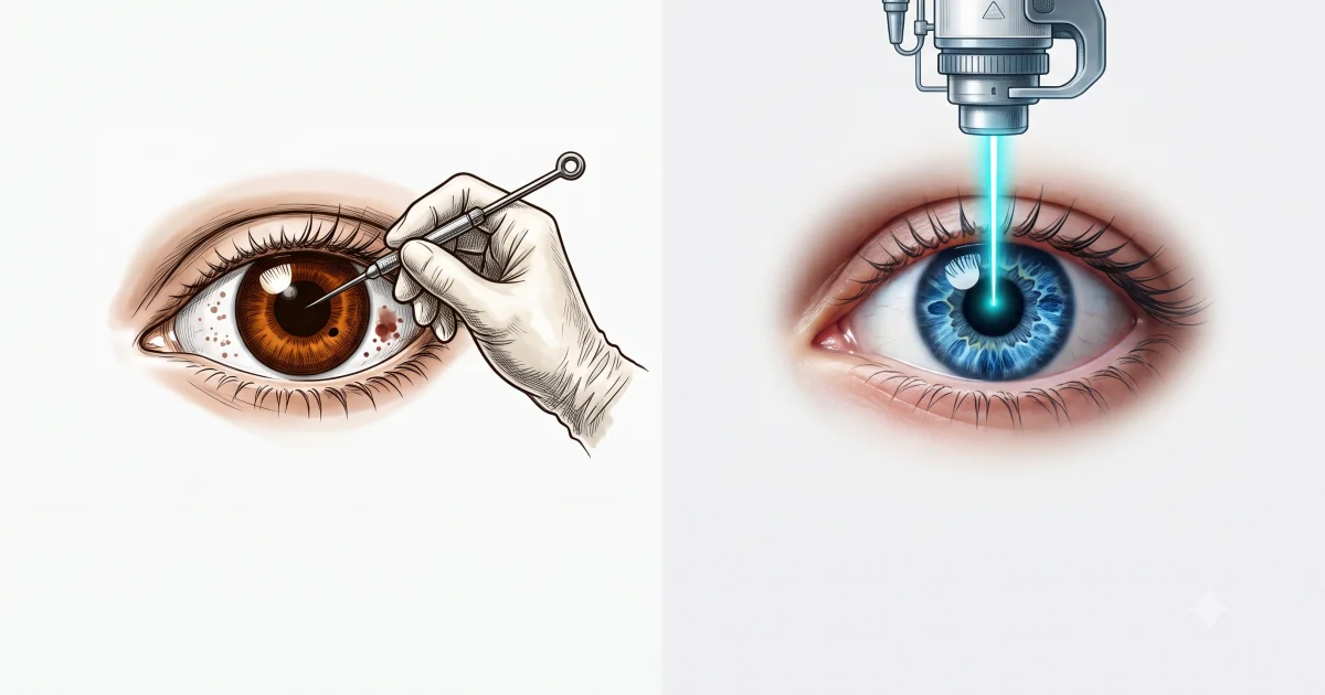Comparación esquemática entre tatuaje corneal tradicional y queratopigmentación FLAAK con láser femtosegundo